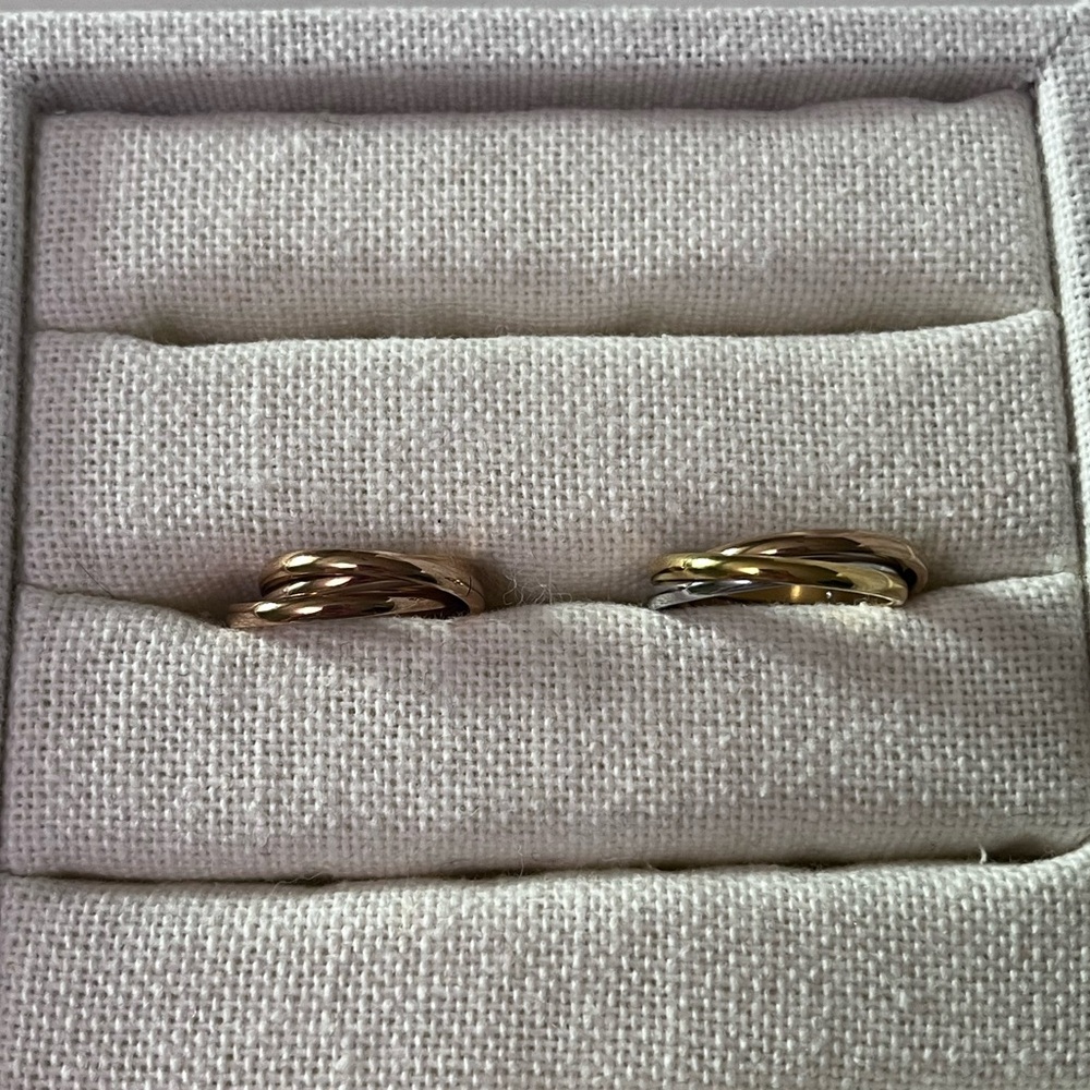 Both rings inspired by the trinity rings- tricolour is 6 while rosegold 4.5